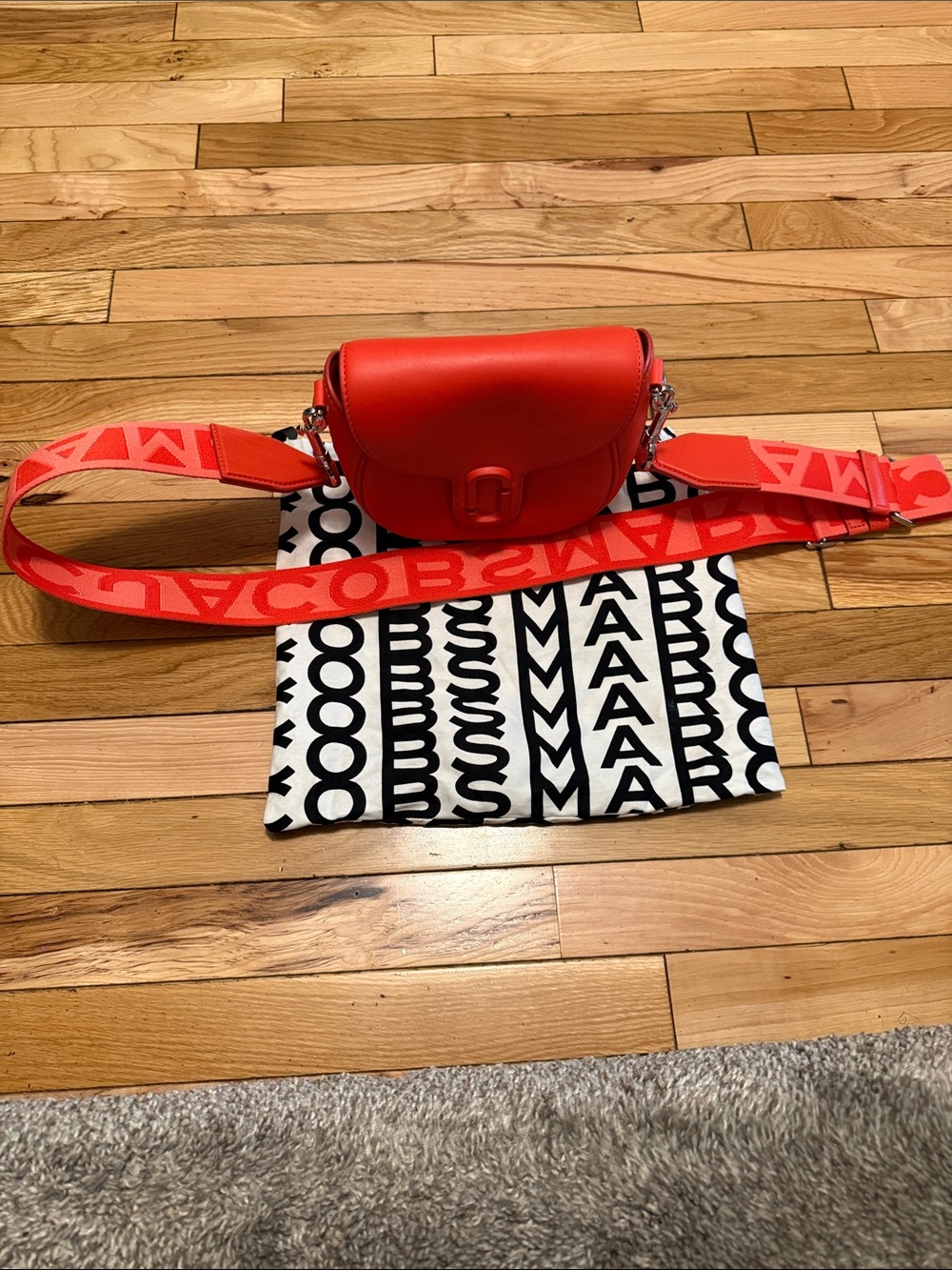 Marc Jacobs Bright Orange-Red Crossbody Saddle Bag with Logo Strap